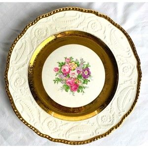 Atlas China Warranted 22 Carat Gold Trim Floral Vintage Dinner Plate~Made in USA